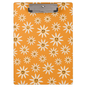 Carpeta De Pinza Flores blancas retro sonrientes sobre el Naranja