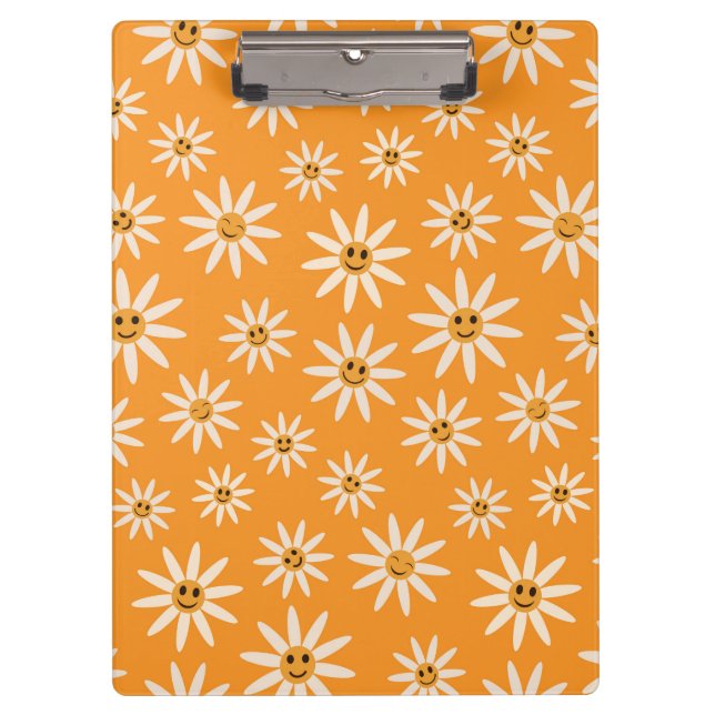 Carpeta De Pinza Flores Blancas Sonrientes Retro sobre Naranja  (Anverso)