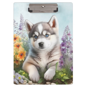 Carpeta De Pinza Flores de acuarela y Husky Siberiano