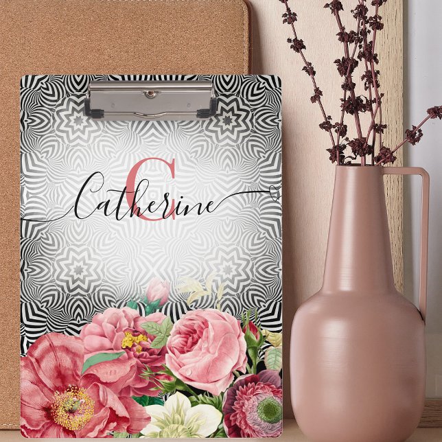 Carpeta De Pinza Flores de cosecha en blanco negro y monograma (Subido por el creador)