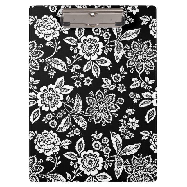 Carpeta De Pinza Flores de esténcil negro (Anverso)