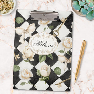 Carpeta De Pinza Flores de Rosa Vintage Monograma Diamante Blanco N