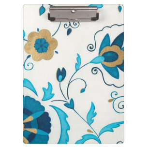 Carpeta De Pinza Flores índigo doradas de fondo blanco