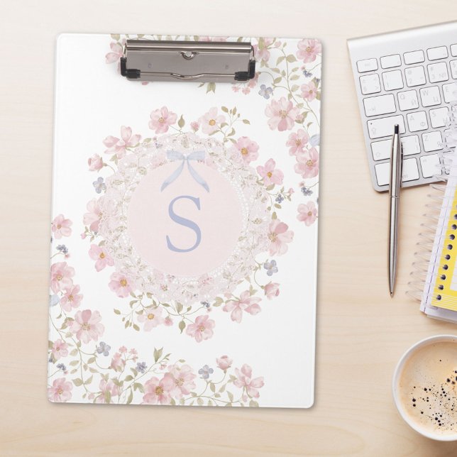 Carpeta De Pinza Flores rosadas monogramadas y floral de encaje (In situ)