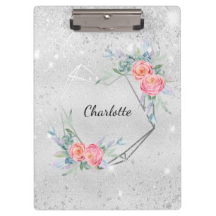 Carpeta De Pinza Flores rosadas plateadas nombre purpurina