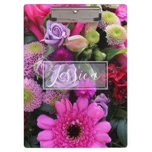 Carpeta De Pinza Flores rosadas y violetas personalizadas