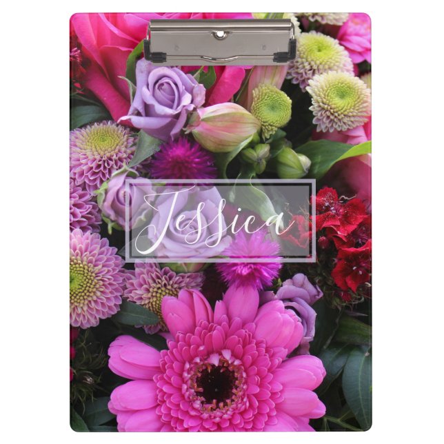 Carpeta De Pinza Flores rosadas y violetas personalizadas (Anverso)