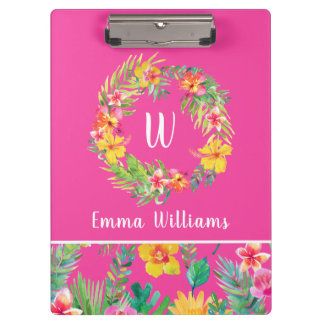 Carpeta De Pinza Flores tropicales ordeñan monograma rosa fucsia
