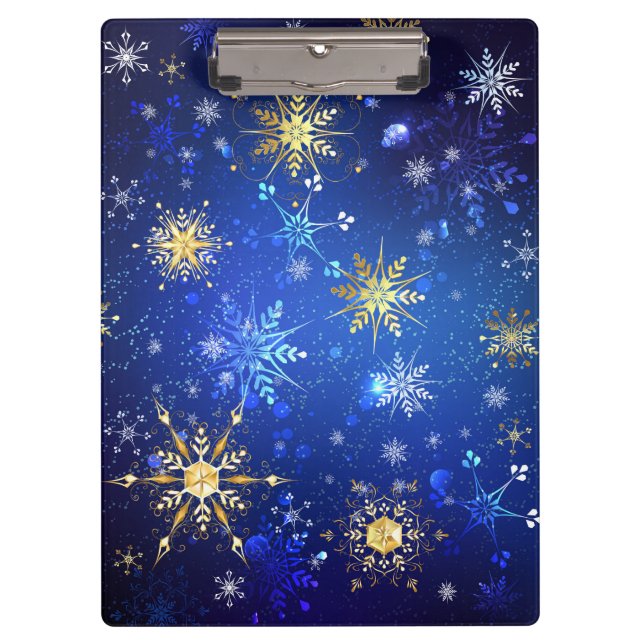 Carpeta De Pinza Fondo azul XMAS con copos de nieve dorados (Anverso)