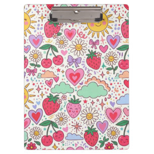 Carpeta De Pinza Fresa Retro Adorable, Sol y Corazones Felices