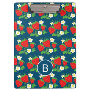 Carpeta De Pinza Fresa y Flor Patrón Azul Monograma