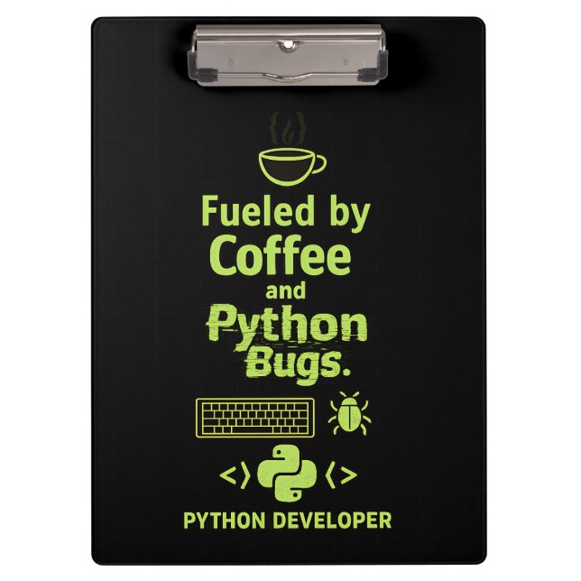 Carpeta De Pinza Funny Python Developer – Fueled by Coffee bugs  (Anverso)