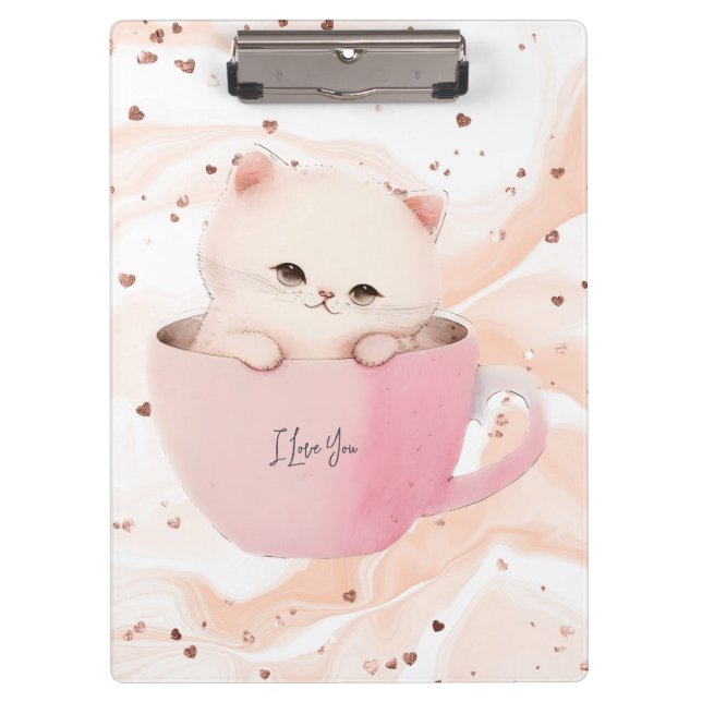 Carpeta De Pinza Gato blanco rosado en una taza de té (Anverso)