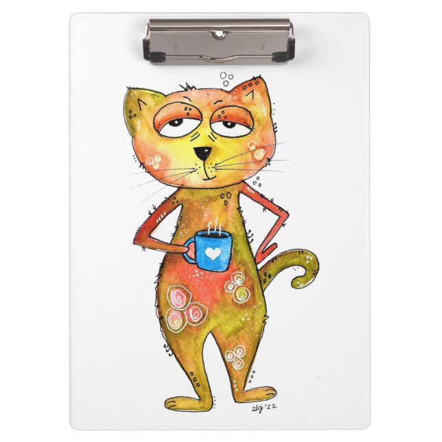 Carpeta De Pinza Gato Cansado Caprichoso Bebiendo Café (Anverso)