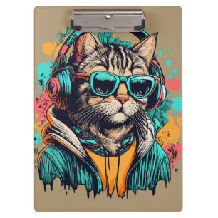 Carpeta De Pinza Gato de Guay Groovy con audífonos escuchando músic