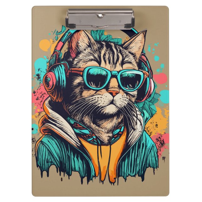 Carpeta De Pinza Gato de Guay Groovy con audífonos escuchando músic (Anverso)