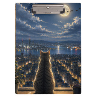 Carpeta De Pinza Gato iluminado por la luna mirando la ventana noct