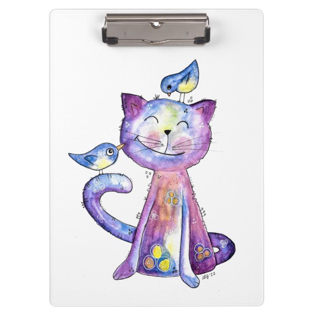 Carpeta De Pinza Gato malva chiflado con pájaros (Anverso)