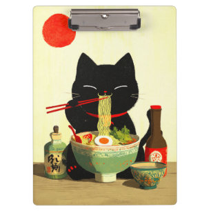 Carpeta De Pinza Gato negro feliz comiendo ramen   Ukiyo-e japonés