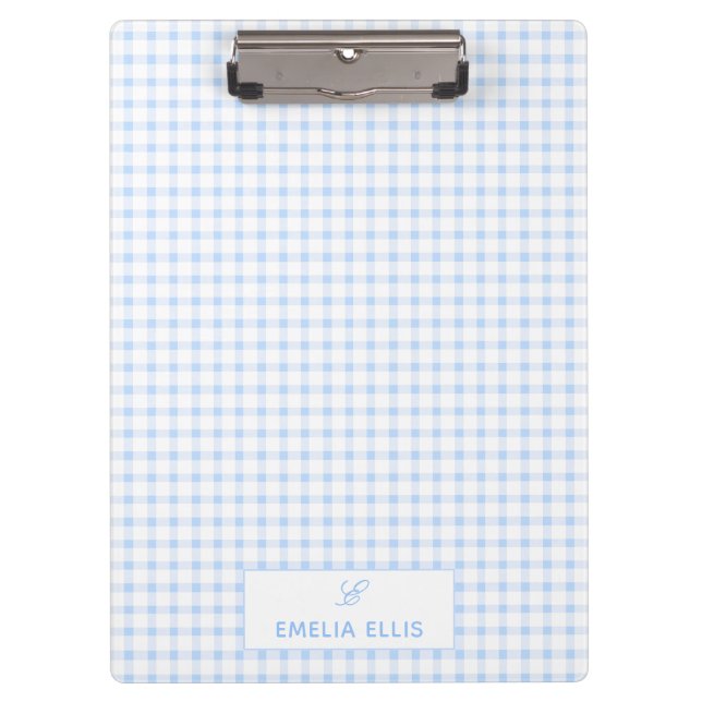 Carpeta De Pinza Gingham Azul Claro Clásico Monograma  (Anverso)