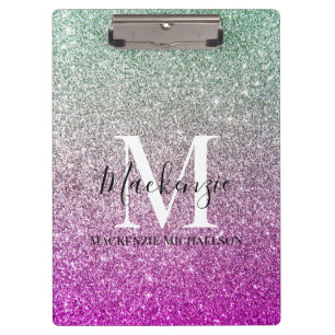 Carpeta De Pinza Girly Aqua Blue Pink Ombre Purpurina Monograma Nom