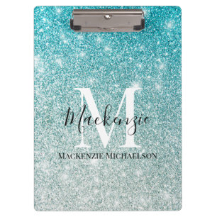 Carpeta De Pinza Girly Aqua Blue Silver Purpurina Monograma