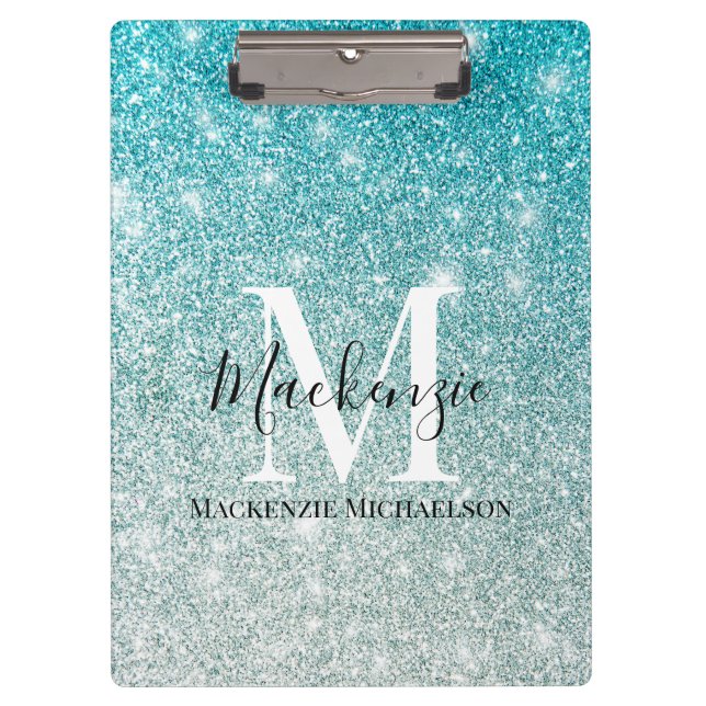 Carpeta De Pinza Girly Aqua Blue Silver Purpurina Monograma (Anverso)