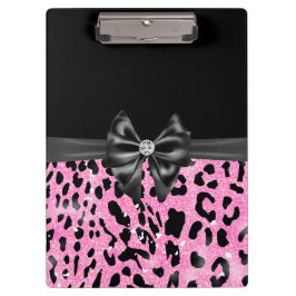 Carpeta De Pinza Glam Black Bow Diamond Purpurina Rosado Leopardo