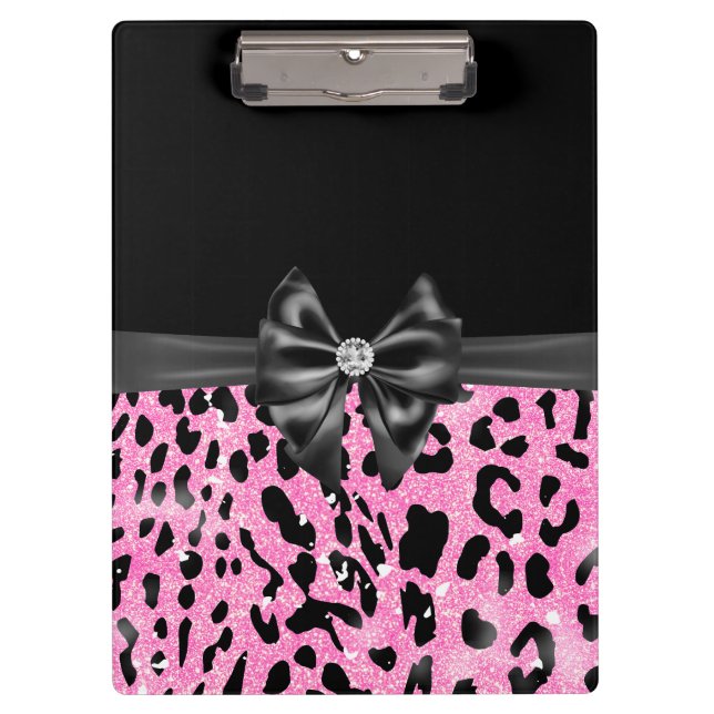 Carpeta De Pinza Glam Black Bow Diamond Purpurina Rosado Leopardo (Anverso)