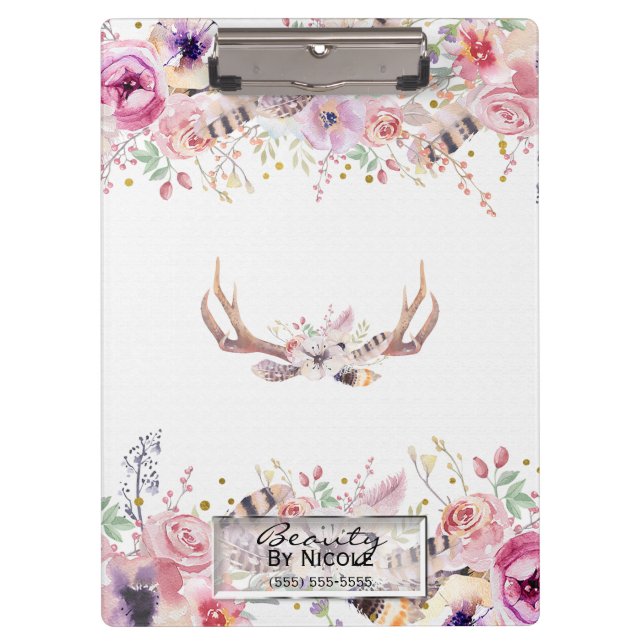Carpeta De Pinza Glamour rustica Boho Antlers Floral personalizada (Anverso)