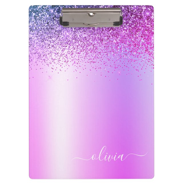 Carpeta De Pinza Glitter de Monograma Morado Script Femenino Brilla (Anverso)