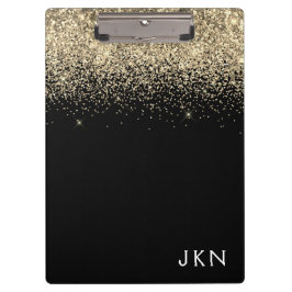 Carpeta De Pinza Glitter Dorado Negro Monograma Iniciales Femeninas