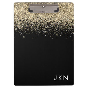 Carpeta De Pinza Glitter Negro Dorado Monograma Iniciales Femeninas