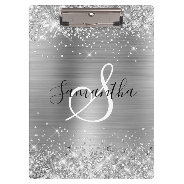 Carpeta De Pinza Glittery Silver Foil Elegant Monogrammed (Anverso)