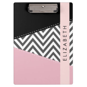 Carpeta De Pinza Gray Zigzag, Gray Chevron, Pink, Tu Nombre