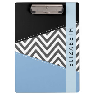 Carpeta De Pinza Gris Zigzag, Gris Chevron, Azul, Tu Nombre