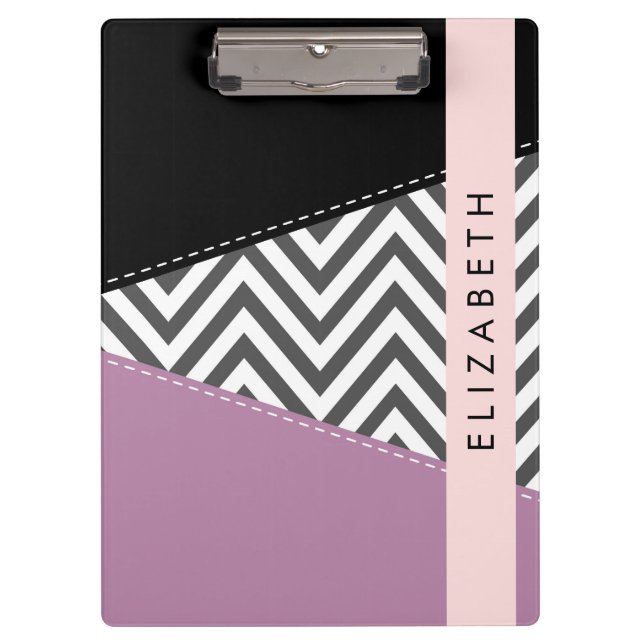 Carpeta De Pinza Gris Zigzag, Gris Chevron, Púrpura, Tu Nombre (Anverso)