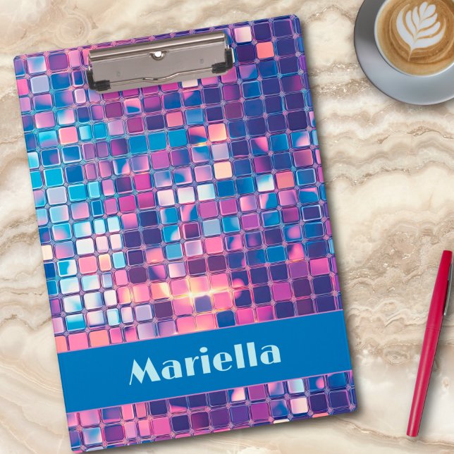 Carpeta De Pinza Groovy Blue & Purple Disco Ball Personalizado (groovy blue and purple disco ball personalized clipboard)