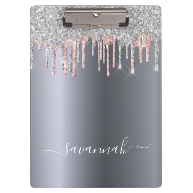 Carpeta De Pinza Guión de nombre de oro rosa de Silver purpurina (Anverso)