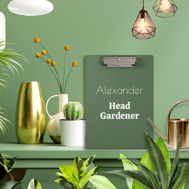 Carpeta De Pinza Head Gardener Green Funny Garden Gift Gardening (A personalized clipboard with Head Gardener words, in sage green and white. Ideal for garden lovers)