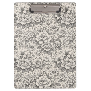 Carpeta De Pinza Hermosas Flores Grabadas en Negro Carbón y Blanco