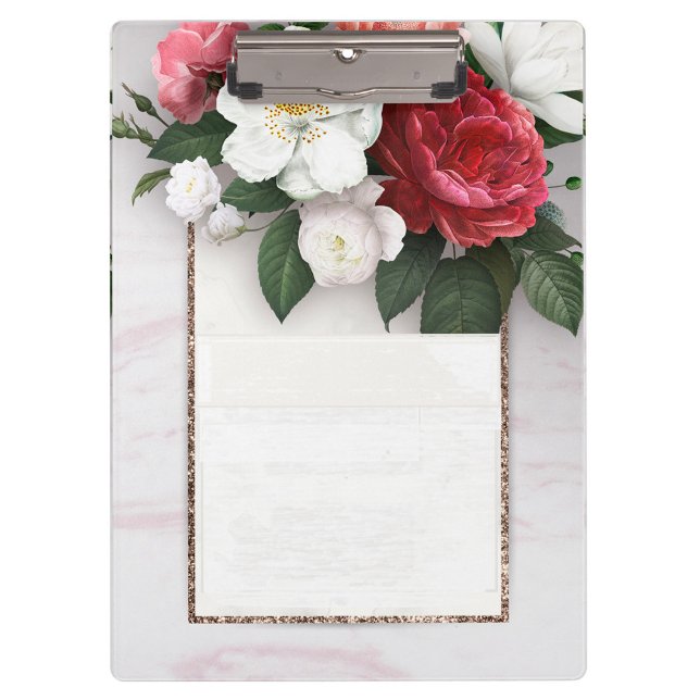 Carpeta De Pinza Hermoso diseño floral (A clipboard with a floral design, featuring a mix of red, pink, and white roses with green leaves.)