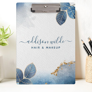 Carpeta De Pinza Hojas Botánicas Acuarela Azul Oro Negocios