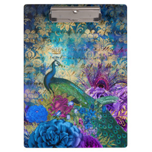 Carpeta De Pinza Ilustración Antigüedades Pavón y Flores Grunge