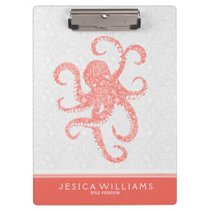 Carpeta De Pinza Ilustracion de pulpo blanco rojo coral