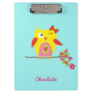 Carpeta De Pinza Ilustracion rosa amarillo de búho blanco personali