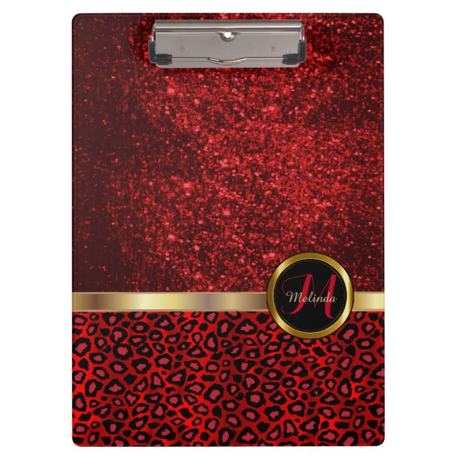 Carpeta De Pinza Impresión de animales leopardos con Purpurina rojo (Anverso)