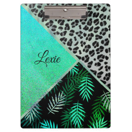 Carpeta De Pinza Impresión Purpurinoso Verde azulada de leopardo tr