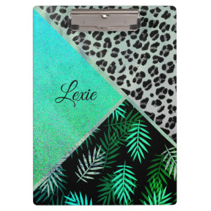 Carpeta De Pinza Impresión Purpurinoso Verde azulada de leopardo tr