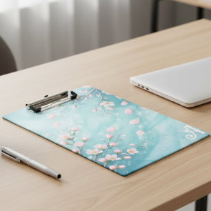 Carpeta De Pinza Iniciales de Flor de Cerezo Turquesa Elegantes